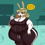 angry anthro belly big_belly big_breasts big_butt breasts butt clothed clothing electronics female fur green_hair hair messy_room obese open_mouth overweight overweight_anthro overweight_female red_eyes solo television text wide_hips eldiipiid mary_gray_(eldiipiid) lagomorph leporid mammal rabbit 1:1 absurd_res hi_res