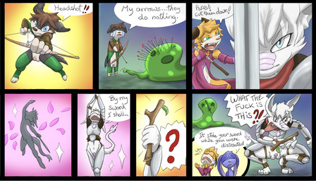 angry anthro armor arrow_(weapon) balls black_body black_fur blue_body blue_eyes blue_fur bodily_fluids bottomless bow_(weapon) brown_hair clothed clothing crouching crying fangs fantasy female flaccid fur genitals gloves green_eyes group hair handwear horn interrobang male melee_weapon multicolored_body multicolored_fur partially_clothed penis question_mark ranged_weapon slime stick sword tail tears teeth text two_tone_body two_tone_fur weapon white_body white_fur yellow_body yellow_fur young young_anthro makumo mythology canid canine canis domestic_dog dragon fox furred_dragon furred_scalie lagomorph leporid mammal mythological_creature mythological_scalie rabbit scalie comic english_text hi_res