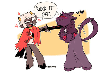 2_horns ambiguous_anthro ambiguous_gender anthro bell bell_collar biped collar cross-popping_vein dialogue duo eye_contact fur holding_melee_weapon holding_object holding_sword holding_weapon horn looking_at_another melee_weapon red_eyes simple_background speech_bubble standing sword tail tail_motion tailwag talking_to_another text weapon white_body white_fur white_wool wool_(fur) rubyfunkey cult_of_the_lamb massive_monster_(studio) lamb_(cult_of_the_lamb) narinder bovid caprine domestic_cat felid feline felis mammal sheep 2025 digital_drawing_(artwork) digital_media_(artwork) english_text hi_res