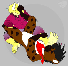 anthro duo feet foot_fetish foot_focus foot_grab foot_play humanoid_feet male male/male paws plantigrade soles toes threehorns tricero_spikes ceratopsian ceratopsid chasmosaurine dinosaur hyena mammal marginocephalian ornithischian prehistoric_species reptile scalie triceratops hi_res