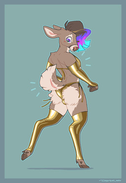 anthro bikini blue_border blue_highlights border brown_body brown_fur brown_hair brown_hooves brown_nose bulge bulge_from_behind butt clothed clothing crossdressing dock_(anatomy) femboy fingers fur glistening glistening_arm_warmers glistening_bikini glistening_clothing glistening_leg_warmers glistening_swimwear gold_bikini hair highlights_(coloring) hooved_fingers hooves leg_warmers legwear male multicolored_eyes multicolored_highlights on_one_leg purple_highlights rear_view scut_tail short_tail simple_background snout solo standing swimwear tail tan_body tan_fur teal_background two-piece_swimsuit unguligrade yellow_clothing yellow_leg_warmers yellow_legwear dyyrlysh golden_week kristoffer_everglade deer mammal new_world_deer white-tailed_deer 2026 absurd_res aliasing aseprite_(artwork) cel_shading digital_drawing_(artwork) digital_media_(artwork) full-length_portrait hi_res portrait shaded