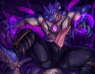 anthro black_bottomwear black_clothing black_pants black_sclera blue_body blue_scales bottomwear claws clothing corruption countershade_torso countershading ear_frill erection finger_claws frill_(anatomy) genitals magic magic_circle male membrane_(anatomy) membranous_frill muscular muscular_anthro muscular_male pants penis penis_poking_out penis_through_fly purple_background purple_eyes scales sharp_teeth shin_guards simple_background solo spread_legs spreading tail tan_body tan_countershading tapering_penis teeth text nurinaki mythology yu-gi-oh! exa_enforcer_of_the_nekroz dragon duel_monster mythological_creature mythological_scalie scalie 2022 shaded url