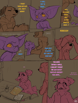 ambiguous_gender anthro bed big_ears blue_text blush chips_(food) cloak clothed clothing comic_panel dialogue eyes_closed food furniture group pink_text purple_body shaking tablet text vr_headset wings yellow_eyes yellow_text conditional_dnp dacad rebecca_(dacad) tyler_(dacad) zipper_(dacad) avian bat canid canine domestic_ferret mammal mustelid musteline true_musteline weasel comic english_text hi_res restricted_palette