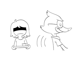 ambiguous_gender anthro beak clothed clothing duo eyewear feathers frown glasses hair shirt toony topwear kewlbot deltarune undertale_(series) berdly kris_(deltarune) avian bird bluebird human lightner mammal oscine passerine thrush_(bird) digital_media_(artwork) hi_res monochrome