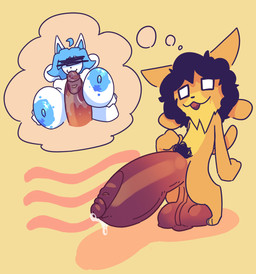 :3 areola balls big_balls big_breasts big_penis black_hair blue_hair blue_nipples bodily_fluids breast_play breasts button_nose female genital_fluids genitals glistening glistening_genitalia glistening_nipples glistening_penis hair huge_balls huge_breasts huge_penis hyper hyper_genitalia hyper_penis male male/male mouth_on_penis nipples one_eye_obstructed orange_body penis precum pubes saggy_balls saliva saliva_on_penis sex simple_background solo thinking thinking_about_another thought_bubble titfuck white_body poundfulpanda undertale undertale_(series) temmie_(undertale) canid canine felid humanoid mammal tem