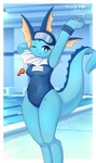 anthro blue_body blue_eyes breasts camel_toe clothed clothing female inside looking_at_viewer one_eye_closed pokemorph solo swimming_pool swimwear tail whistle_(object) kryztar nintendo pokemon eeveelution generation_1_pokemon marine pokemon_(species) vaporeon absurd_res hi_res