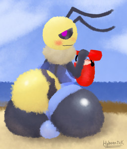 antennae_(anatomy) anthro arthropod_abdomen beach big_bulge big_butt black_body blush bucket bulge bulge_from_behind butt clothing cloud container femboy holding_object huge_butt hyper hyper_butt looking_at_viewer looking_back male multicolored_body neck_tuft outside purple_eyes rear_view sand sand_on_butt sea shovel sitting solo striped_abdomen stripes swimwear tools tuft two_tone_body water wings yellow_body hphoenixk arthropod bee hymenopteran insect absurd_res hi_res