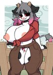 2023 abigail_(nightnight) anthro areola areola_outline big_breasts black_body black_fur bottomwear bovid bovine breasts cattle clitoris clothing clothing_aside crotchless_bottomwear crotchless_clothing crotchless_pants ear_piercing ear_ring empty_eyes female fence fur genitals hi_res holstein_friesian_cattle horn huge_breasts kemono mammal nipple_slip nipples one_breast_out pants piercing plant pussy red_clothing red_shirt red_topwear ring_piercing shirt simple_background slightly_chubby smile snow_angel_(artist) solo tied_clothing topwear underwear underwear_aside white_body white_fur