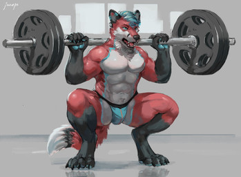 4_toes 5_fingers abs anthro athletic athletic_anthro athletic_male barbell barbell_squats barefoot blue_hair bulge claws clothed clothing countershading crouching digitigrade exercise fangs feet finger_claws fingers fur gloves_(marking) hair hindpaw humanoid_hands jockstrap leg_markings male markings mohawk multicolored_body multicolored_fur muscular muscular_anthro muscular_male navel open_mouth pawpads paws pink_hair red_body red_fur socks_(marking) solo squats teeth toe_claws toes tongue topless topless_male two_tone_body two_tone_fur underwear weightlifting weights white_body white_fur workout juiceps canid canine fox mammal 2021 digital_media_(artwork) signature