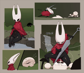 2_horns 5_panel_comic anthro bathing black_body black_eyes black_text bodily_fluids cloak clothing dialogue duo empty_eyes erection exclamation_point eyebrows eyelashes female female_on_human foot_in_water holding_object holding_weapon horn human_on_anthro interspecies male male/female nervous nervous_sweat open_mouth red_cloak red_clothing running sweat teeth text toony voyeur weapon wide_hips breqfast hollow_knight_(franchise) team_cherry hornet_(hollow_knight) arthropod human mammal 2025 comic english_text hi_res