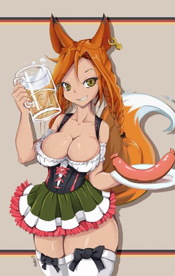 alcohol barmaid beer beverage bottomwear bow_tie braided_hair breasts cleavage clothed clothing ear_piercing ear_ring eyebrow_through_hair eyebrows eyelashes female fluffy fluffy_tail food german_flag green_eyes grin hair holidays inner_ear_fluff legwear long_hair looking_at_viewer meat piercing plate red_hair ring_piercing sausage simple_background skirt smile solo stockings tail teeth text translucent translucent_hair tuft krakenparty oktoberfest cecy_(krakenparty) animal_humanoid canid canid_humanoid canine canine_humanoid fox_humanoid humanoid mammal mammal_humanoid 2015 better_version_at_source english_text irreplaceable_bvas signature traditional_media_(artwork)
