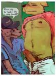 2017 absurd_res anthro baseball_cap bathroom blush bodily_fluids border bottomwear bulge canid canine canis chest_tuft cigarette clothed clothing clothing_lift dialogue digital_media_(artwork) digital_painting_(artwork) domestic_dog duo embarrassed english_text erection eyebrows fur genital_fluids genitals glans green_eyes hat headgear headwear hi_res humanoid_genitalia humanoid_penis jumpsuit male male/male mammal navel nipples object_in_mouth pants penis precum pubes raised_clothing raised_shirt raised_topwear shirt shirt_lift slightly_chubby smile smoking speech_bubble spots standing teeth text topwear trashtail tuft white_border yellow_body yellow_fur