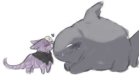 ambiguous_feral ambiguous_gender black_cloak black_clothing blush blush_lines bone cloak clothing dorsal_fin duo ears_down feral fin fur grey_body grinning_at_another grinning_at_partner happy heart_reaction kissing larger_feral larger_male long_tail looking_at_another lying male male_feral markings narrowed_eyes on_front pivoted_ears pose pupils purple_body purple_eyes purple_fur quadruped sharp_teeth simple_background size_difference skull skull_accessory skull_head slit_pupils smaller_ambiguous smaller_feral smile smiling_at_another smiling_at_partner standing tail tail_fin teeth teeth_showing chira1ity mewgenics daddy_shark_(mewgenics) aquatic domestic_cat felid feline felis fish mammal shark 2026 colored digital_drawing_(artwork) digital_media_(artwork) full-length_portrait guide_lines hi_res portrait shaded