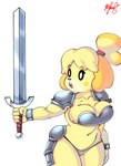 anthro armor clothing female melee_weapon simple_background solo surprised_expression sword thong unconvincing_armor underwear weapon white_background wristband panthera_cantus animal_crossing nintendo isabelle_(animal_crossing) canid canine canis domestic_dog mammal colored hi_res