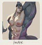 anthro barazoku black_sclera blood bodily_fluids chest_scar fin happy looking_at_viewer male multicolored_body muscular muscular_anthro muscular_male navel nipples non-mammal_navel non-mammal_nipples nosebleed polaroid_photo raised_arm scar smile solo teeth text yukayuka1346 fish marine 2024 digital_media_(artwork) hi_res