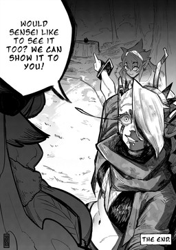bow_(weapon) dialogue facial_piercing female gesture group hand_gesture humanoid_pointy_ears lip_piercing piercing pointing pointy_ears ranged_weapon speech_bubble text trio weapon yoyoro ranger-chan_(yoyoro) rogue-san_(yoyoro) avian bird corvid corvus_(genus) crow elf human humanoid hybrid mammal orc oscine passerine 2025 absurd_res comic english_text greyscale hi_res monochrome