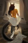anthro book duo fantasy female latex male male/female morning paws tail towel conditional_dnp latex_(artist) alyx_(latex) canid canine canis domestic_cat felid feline felis hybrid lynx mammal wolf hi_res story