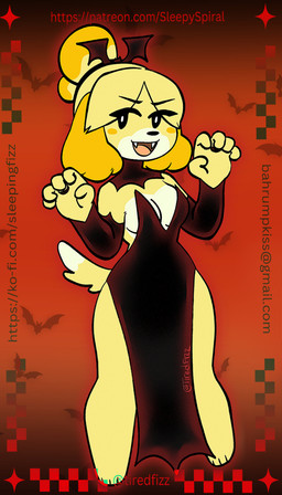 accessory anthro blush breasts cleavage clothed clothing countershading dress fangs female female_anthro fur hair_accessory hairband holidays open_mouth pose red_background simple_background standing teeth text yellow_body yellow_fur tiredfizz animal_crossing halloween nintendo isabelle_(animal_crossing) bat canid canine canis domestic_dog mammal shih_tzu toy_dog 2025 hi_res url