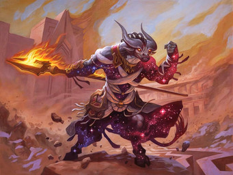 5_fingers angry anthro building fingers fire fist glowing glowing_eyes holding_melee_weapon holding_object holding_polearm holding_spear holding_weapon hooves horn male melee_weapon muscular muscular_anthro outside polearm rock sand solo spear standing starry_body tail weapon steve_prescott hasbro magic:_the_gathering wizards_of_the_coast bovid mammal official_art
