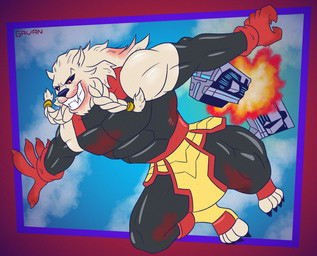anthro armor black_sclera blood blood_stain bodily_fluids braided_fur claws clothing excited explosion falling fangs fur glistening_muscles gloves handwear male muscular red_eyes skinsuit sky solo spacecraft teeth tight_clothing vehicle white_body white_fur gavanzude image_comics invincible_(image_comics) thokk_(invincible) dornian felid lion mammal pantherine alternate_version_at_paywall digital_drawing_(artwork) digital_media_(artwork) hi_res signature