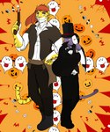 anthro black_tie_(suit) blue_eyes castle clothing duo eyebrows flintlock flintlock_pistol food fruit fur gun male male/male mask orange_background pink_nose pirate_outfit plant pumpkin purple_body purple_fur ranged_weapon simple_background suit weapon yellow_body yellow_eyes yellow_fur paomer mario_bros morenatsu nintendo shin_(morenatsu) torahiko_(morenatsu) boo_(mario) domestic_cat felid feline felis mammal pantherine tiger 2016 5:6 hi_res