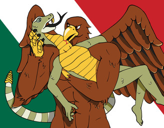 abs anthro anthro_on_anthro arm_tuft beak beak_bite bite blood_on_neck brown_body brown_feathers carrying_another carrying_partner duo elbow_tuft fangs feather_tuft feathers feet flag flag_background forked_tongue green_body green_eyes green_scales holding_neck holding_partner living_tail long_tail long_tongue male male/male markings mexican_flag muscular muscular_anthro muscular_arms muscular_male muscular_torso navel neck_bite nude_anthro nude_male open_mouth rattle_(anatomy) red_eyes scales scared_prey simple_background snake_eyes snake_tail spread_wings striped_body striped_markings striped_tail stripes tail tail_markings talon_hands talons teeth toes tongue tuft unusual_anatomy unusual_tail wings yellow_body yellow_hands yellow_scales broto_faggins accipitrid accipitriform avian bird eagle golden_eagle pit_viper rattlesnake reptile scalie snake true_eagle viper hi_res shaded simple_shading