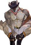 anthro big_pecs black_nose bodily_fluids body_hair boots clothed clothing cowboy_boots cowboy_hat footwear happy_trail hat headgear headwear kemono kerchief male muscular muscular_anthro muscular_male nipple_piercing nipples pecs piercing saliva saliva_on_tongue shoes simple_background solo tongue tongue_out topless topless_male underwear seatohao canid canine canis mammal wolf hi_res