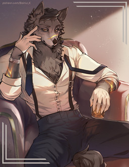 alcohol anthro athletic athletic_anthro athletic_male bedroom_eyes beverage black_bottomwear black_clothing black_pants bottomwear chest_tuft clock clothing drinking fur gloves grey_body grey_fur handwear looking_at_viewer male male_anthro mouth_closed muscular muscular_anthro muscular_male narrowed_eyes neck_tuft necktie pants pose seductive sitting smile smiling_at_viewer smirk smirking_at_viewer solo suspenders tail tuft watch whiskey white_glove wristwatch yellow_eyes balnurk canid canine canis mammal wolf digital_media_(artwork)