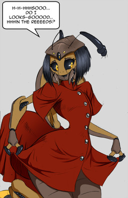 antennae_(anatomy) anthro clothed clothing dialogue female hair mandibles multi_eye solo speech_bubble text uniform chochi third-party_edit valsalia out-of-placers yannit arthropod indrel 2023 color_edit colored english_text