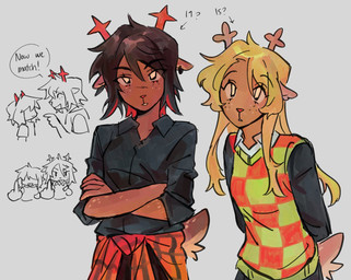 anthro black_clothing black_shirt black_topwear blonde_hair brown_body brown_fur clothing eyelashes female freckled_arms freckled_face freckled_tail freckles fur gesture group hair hand_gesture horn long_eyelashes male middle_finger piercing shirt speech_bubble tail text topwear trio goomyloid deltarune undertale_(series) dess_holiday kris_dreemurr noelle_holiday deer human mammal new_world_deer reindeer 2025 hi_res nonbinary_(lore)