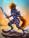 anthro armor drakainadawn equid equine female fight fighting_pose hi_res horn mammal melee_weapon mythological_creature mythological_equine mythology pose rock sea solo sword unicorn water weapon