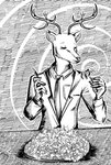 2020 5_fingers abstract_background anthro antlers beastars cervine cheek_tuft clothed clothing cutlery deer digital_media_(artwork) dress_shirt extreme_size_difference eyes_closed facial_tuft fingers fork furniture greyscale group hard_vore hi_res holding_object horn imminent_vore inside jacket kemono kitchen_utensils knife louis_(beastars) male male_pred male_prey mammal monochrome multiple_prey necktie red_deer shirt sitting size_difference solo_focus table tapirclip tools topwear tuft vore