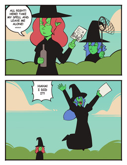 5_fingers ambiguous_gender annoyed black_clothing black_dress black_footwear black_hat black_headwear black_shoes blue_hair bottle bug_net clothed clothed_ambiguous clothed_female clothed_humanoid clothing cloud container day dialogue dot_eyes dress duo female fingers footwear freckled_face freckles fully_clothed fully_clothed_ambiguous fully_clothed_female fully_clothed_humanoid furrowed_eyebrows green_body hair happy hat headgear headwear holding_bottle holding_bug_net holding_container holding_object holding_paper humanoid_pointy_ears jumping looking_at_another looking_at_object mouth_closed naive open_mouth outside paper pointy_ears red_hair red_tongue shoes simple_eyes sky small_comic speech_bubble talking_to_another text tongue tongue_showing witch_hat bonnymama7 elphaba_(bonnymama7) selena_(bonnymama7) humanoid 2026 absurd_res colored comic digital_drawing_(artwork) digital_media_(artwork) english_text first_page flat_colors hi_res female_(lore)