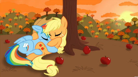 apple blonde_hair blue_body blue_feathers blue_fur clothing cloud cowboy_hat cuddling cutie_mark duo eyes_closed feathered_wings feathers female female/female feral field food freckles fruit fur hair hat headgear headwear multicolored_hair multicolored_tail orchard outside plant rainbow_hair rainbow_tail romantic romantic_ambiance romantic_couple sky sleeping sun sunset tail wings c4tspajamas friendship_is_magic hasbro my_little_pony mythology applejack_(mlp) rainbow_dash_(mlp) earth_pony equid equine horse mammal mythological_creature mythological_equine pegasus pony 16:9 2011 widescreen