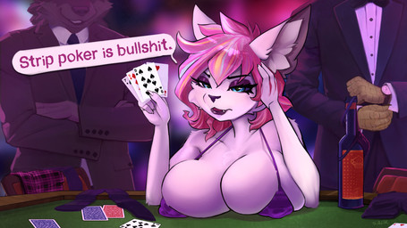 anthro big_breasts blush bottomless bra bra_only breast_rest breasts card card_game casino cleavage clothed clothing dialogue female fur gambling gaming group hair highlights_(coloring) huge_breasts lingerie multicolored_highlights pink_hair playing_card poker_table profanity purple_bra purple_clothing purple_underwear rainbow_highlights solo_focus strip_game strip_poker suit text underwear underwear_only white_body white_fur sajik canid canine fox mammal 16:9 4k absurd_res hi_res widescreen
