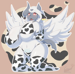 animal_print animal_print_bikini anthro big_breasts bikini breasts clothing cow_print cow_print_bikini female huge_breasts pattern_bikini pattern_clothing pattern_swimwear solo spread_wings swimwear tattoo two-piece_swimsuit white_body wings womb_tattoo snackbunnii nintendo pokemon shade_the_absol generation_6_pokemon mega_absol mega_evolution pokemon_(species) hi_res
