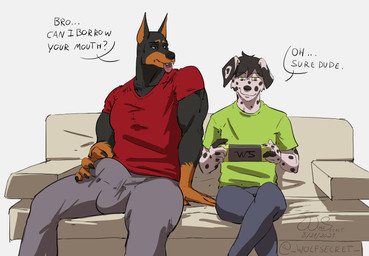 anthro bulge detailed_bulge dialogue duo furniture gaming genital_outline male male/male muscular muscular_male oral_request penis_outline requesting sex_request size_difference sofa speech_bubble text wolfsecret canid canine canis dalmatian dobermann domestic_dog mammal pinscher english_text hi_res