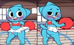 anthro balls blue_body blush bottomwear butt cheerleader cheerleader_outfit clothed clothing crossdressing femboy genitals male penis presenting shy skirt solo tail young jhussethy cartoon_network the_amazing_world_of_gumball gumball_watterson domestic_cat felid feline felis mammal hi_res