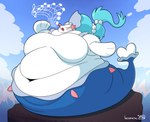 belly big_belly blue_hair blue_tail breasts fat_rolls featureless_breasts female feral hair huge_belly hyper hyper_belly morbidly_obese morbidly_obese_female musical_note musical_symbol obese obese_female open_mouth outside overweight overweight_female solo symbol tail white_body incidental_(artist) nintendo pokemon generation_7_pokemon pokemon_(species) primarina 2024 hi_res signature