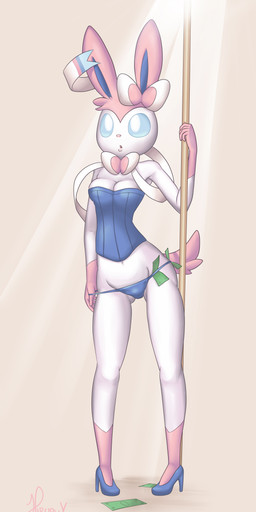 5_fingers anthro anthrofied biped blue_eyes breasts cleavage clothed clothing corset dancing female fingers footwear front_view gloves_(marking) high_heels leg_markings lingerie markings money pink_nose pokemorph pole pole_dancing shoes socks_(marking) solo stripper topwear undressing wide_hips hirurux nintendo pokemon eeveelution generation_6_pokemon pokemon_(species) sylveon 2013 absurd_res digital_media_(artwork) hi_res