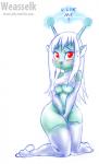 aged_up blush breasts clothed clothing female hair legwear long_hair looking_at_viewer red_eyes simple_background solo stirrup_legwear stirrup_stockings stockings text under_boob white_background weasselk samurai_jack hali_(character) alien emoji_(race) 2017 english_text