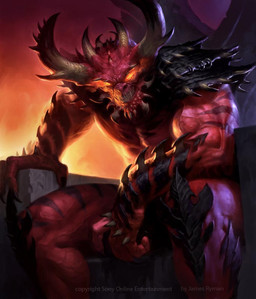 abs angry arm_on_leg biceps big_muscles bottomwear bright_eyes claws clenched_teeth clothed clothing fire hell horn huge_muscles loincloth looking_at_viewer male muscular muscular_humanoid muscular_male orange_eyes pecs red_body red_skin sharp_teeth sitting solo spikes stripes teeth topless vein james_ryman poxnora sony_corporation demon humanoid 2011 detailed