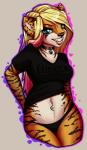 anthro blonde_hair blue_eyes brown_nose clothing collar eyelashes female hair midriff navel panties smile solo teeth thong underwear wide_hips robyn_paperdoll felid mammal pantherine tiger closed_(disambiguation) digital_media_(artwork) hi_res shaded