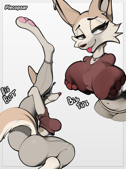 anthro big_breasts big_butt breasts butt clothed clothing feet female holding_breast slim solo wide_hips plecopsar fany_(foxdee) canid canine fox mammal hi_res shaded