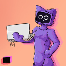 anthro computer electronics female for_a_head fur hand_holding hand_on_hip laptop logo long_ears nude purple_body purple_fur screen screen_face simple_background simple_eyes solo television alberto_omega jetbrains kodee(jetbrains) felid feline mammal object_head screen_head tv_head 1:1 half-length_portrait hi_res portrait shaded
