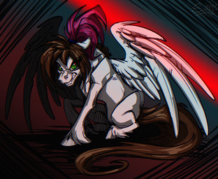 angry dark fangs feathers female feral hooves looking_at_viewer sitting solo teeth wings sunny_way hasbro my_little_pony mythology equid equine mammal mythological_creature mythological_equine pegasus hi_res