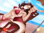 anthro beach beach_chair beach_umbrella big_breasts bikini blue_sky breasts brown_nose chair clothed clothing day female furniture lounge_chair lounger maroon_hair outside parasol red_bikini red_clothing red_swimwear sea seaside sky smile solo string_bikini sun sunbathing swimwear two-piece_swimsuit vacation water ritios mammal 4:3 absurd_res hi_res