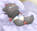 ambiguous_gender black_body black_fur blush clean_diaper clothed clothed_feral clothing diaper diaper_only feral fur green_eyes lying on_back paws solo tail topless wearing_diaper white_diaper rugia1992 nintendo pokemon canid canine generation_5_pokemon mammal pokemon_(species) zorua 6:5