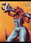 adjustable_wrench anthro blue_eyes breasts brown_body brown_hair clothing curvy_figure female hair holding_object overalls plumber pose poster smile solo teeth tools wrench sunny_way rainstorm_(marefurryfan) equid equine horse mammal 2020 digital_drawing_(artwork) digital_media_(artwork) hi_res pinup