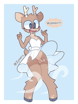 accident accidental_exposure anthro antlers balls brown_body brown_fur clothed clothing clothing_lift crossdressing dress dress_lift femboy foreskin fur genitals hooves horn male no_underwear penis simple_background small_penis solo sundress text upskirt wind zyneru oakley_(aiyhav_nouneim) deer mammal 3:4 artist_name english_text hi_res